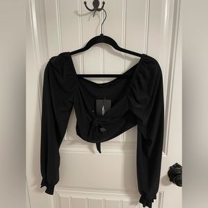 PrettyLittleThing Black Tie-Front Cropped Blouse Size 4